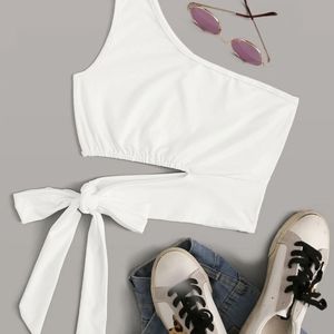 One shoulder knot white top